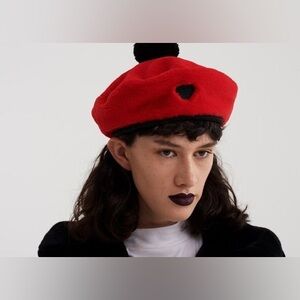 Lazy Oaf furry Red Beret with Black Heart Detail